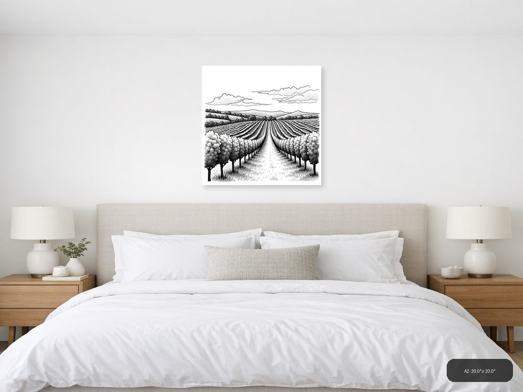 Vineyard Rows Line Art Landscape Wall Art — A2 / Bedroom