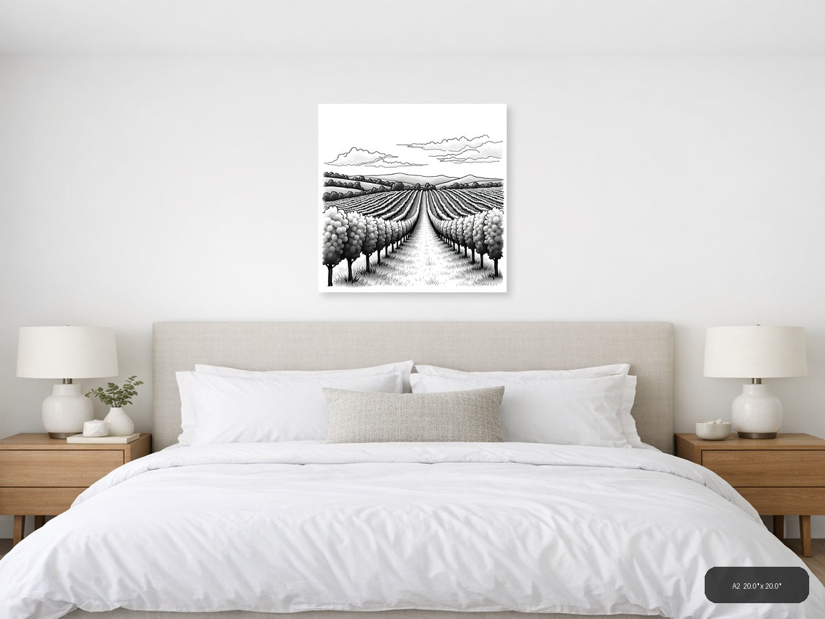 Vineyard Rows Line Art Landscape Wall Art — A2 / Bedroom