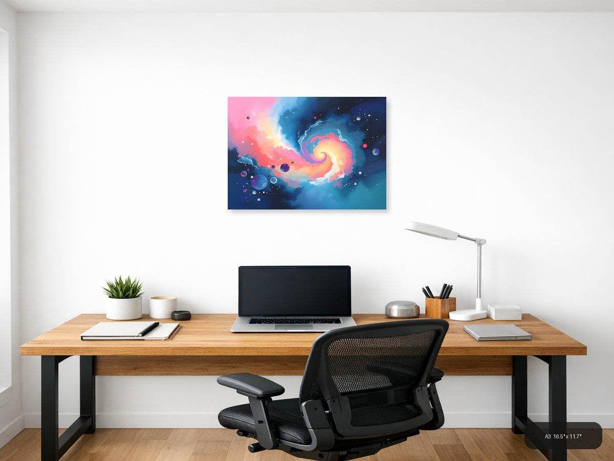 Cosmic Spiral Galaxy Abstract Pink Blue Wall Art — A3 / Office