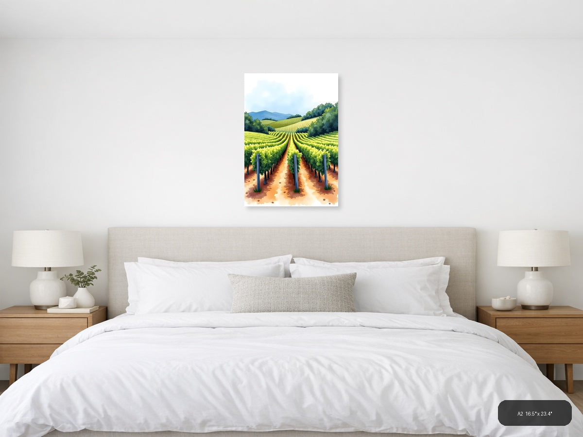 Vineyard Rows Watercolor Landscape Wall Art — A2 / Bedroom