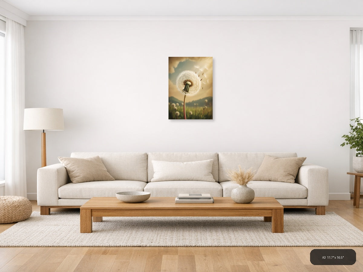 Vintage Dandelion Seeds Blowing Away Portrait Wall Art — A3 / Living Room