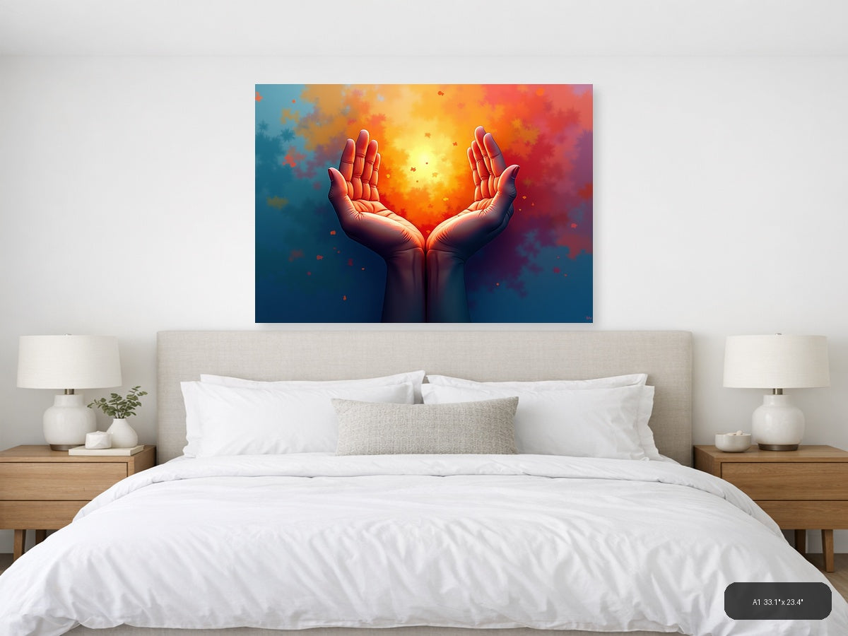 Glowing Hands Abstract Light Burst Modern Wall Art — A1 / Bedroom