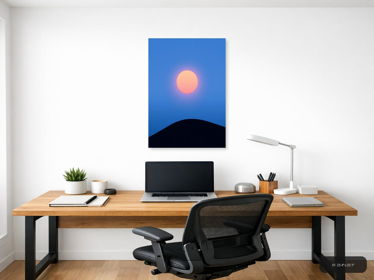 Minimalist Sunset Moon Rising Over Dark Hill Wall Art — A1 / Office