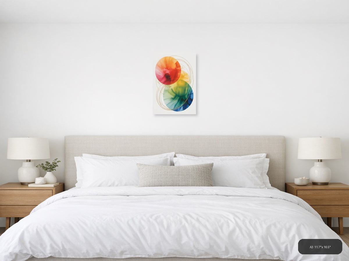 Rainbow Watercolor Circles with Gold Lines Wall Art — A3 / Bedroom
