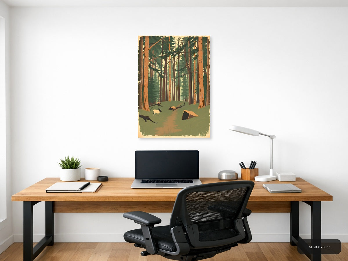 Vintage Forest Stream with Wildlife Illustration Wall Art — A1 / Office