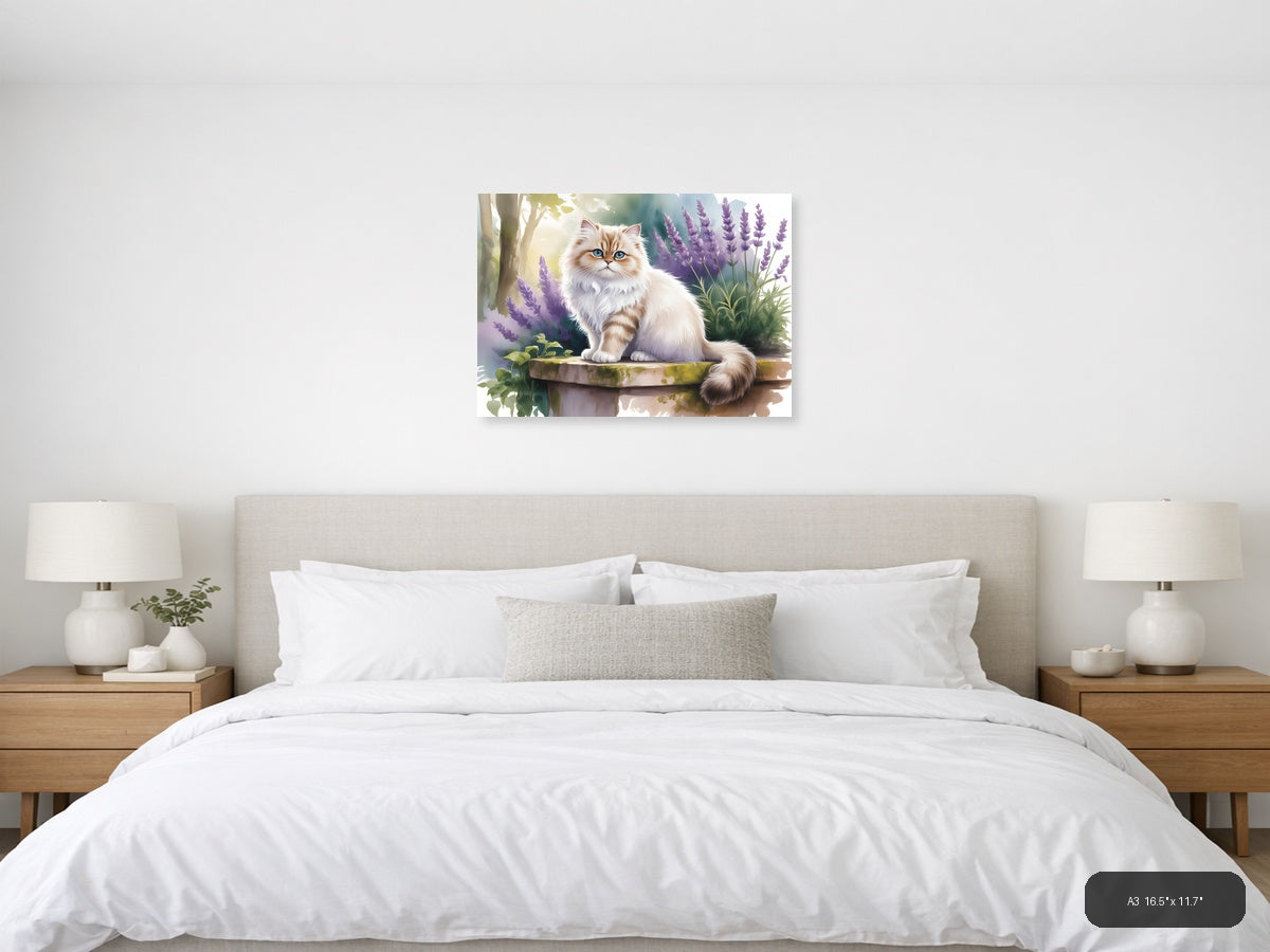 Fluffy Cat with Blue Eyes in Lavender Garden Watercolor Wall Art — A3 / Bedroom
