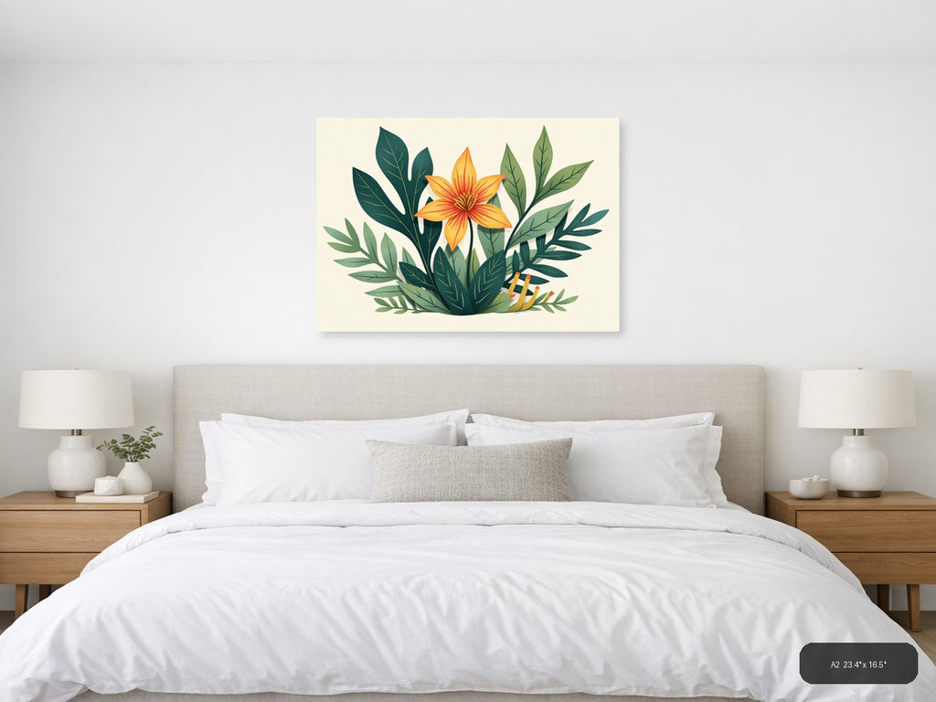 Botanical Orange Flower with Green Leaves Wall Art — A2 / Bedroom