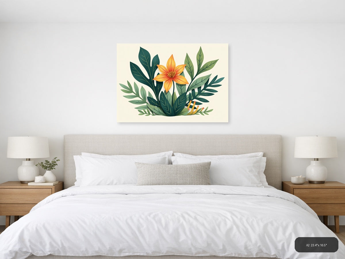 Botanical Orange Flower with Green Leaves Wall Art — A2 / Bedroom
