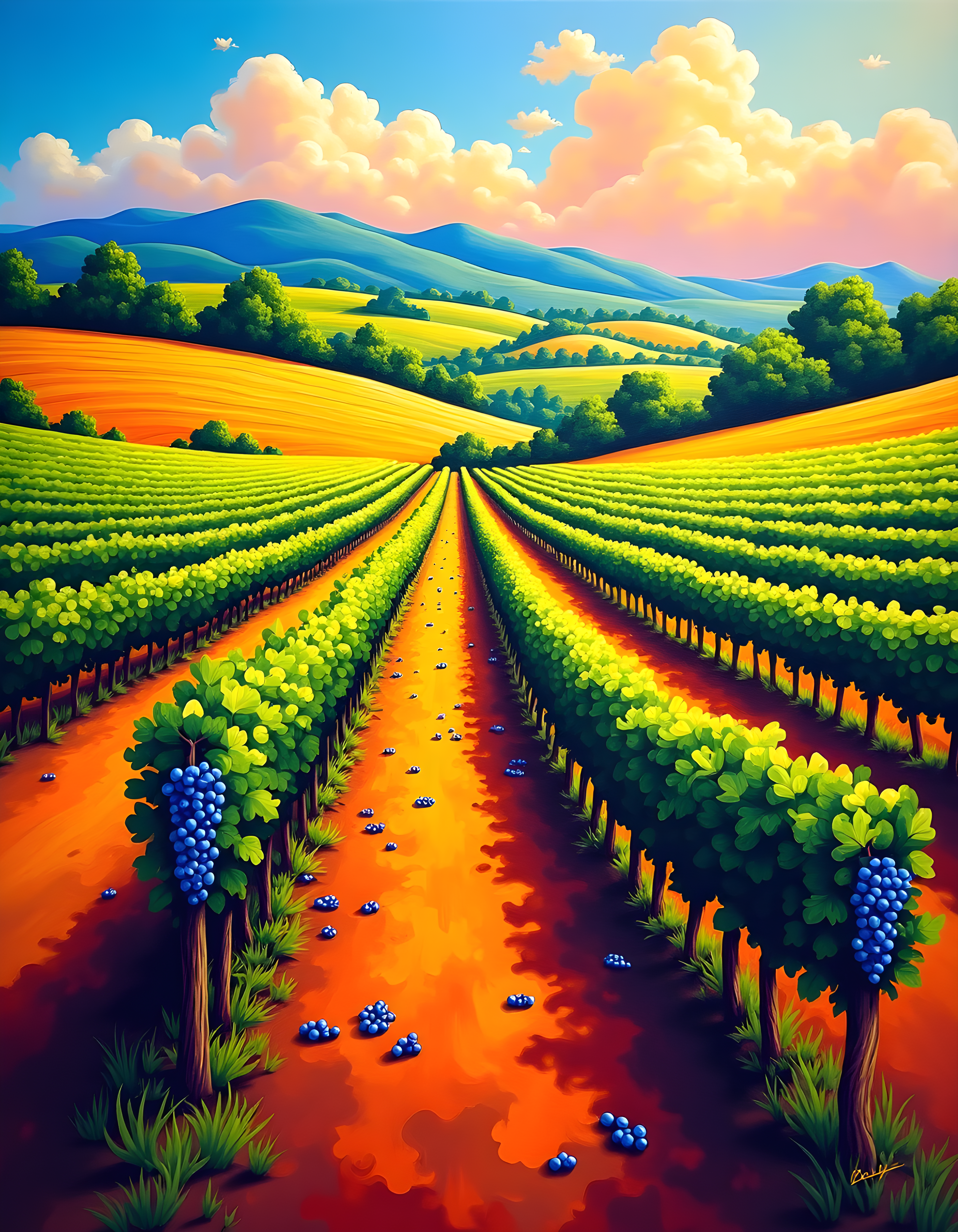 Vibrant Vineyard Landscape Abstract Wall Art