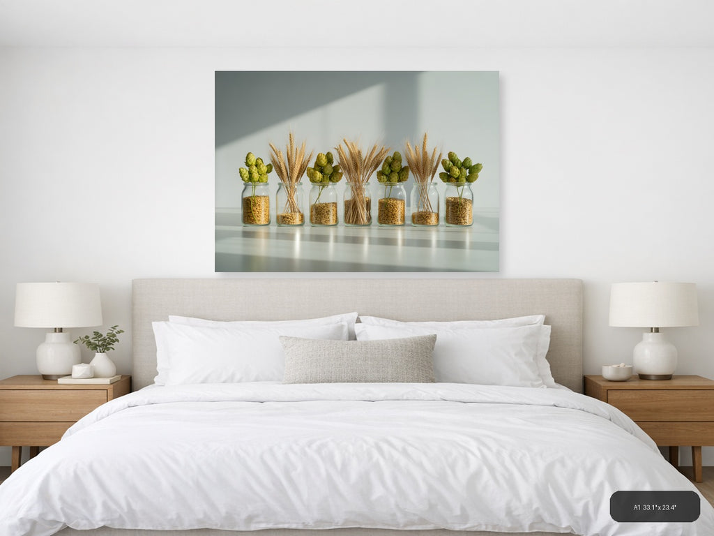 Minimalist Wheat & Hops Jars Still Life Wall Art — A1 / Bedroom