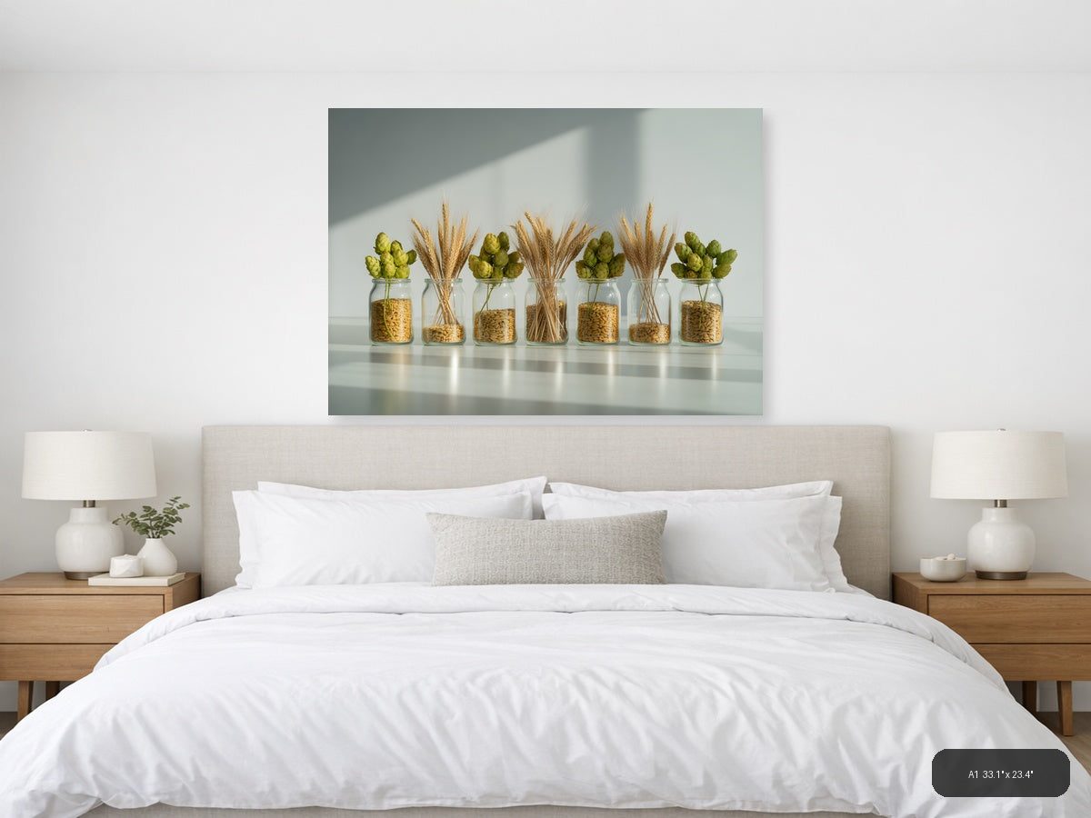 Minimalist Wheat & Hops Jars Still Life Wall Art — A1 / Bedroom