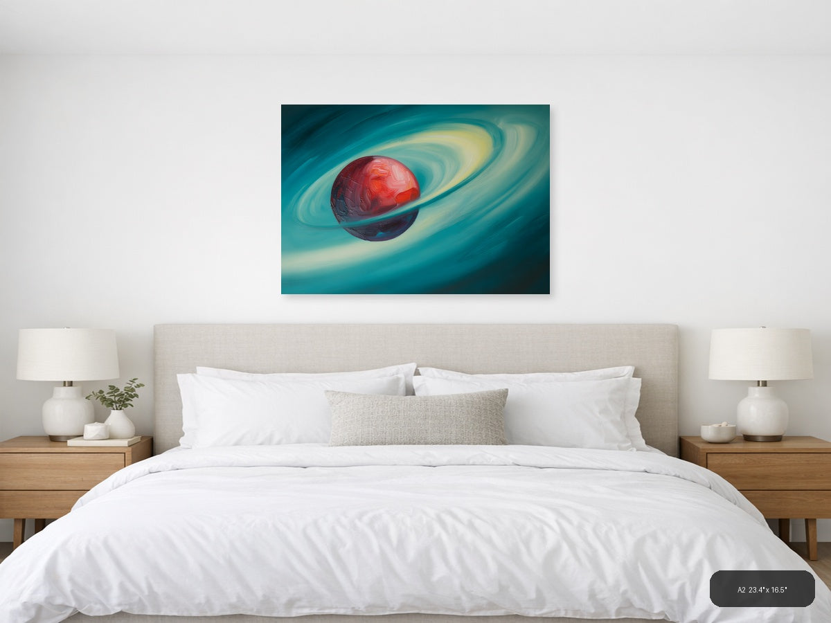 Red Planet with Rings Abstract Landscape Wall Art — A2 / Bedroom