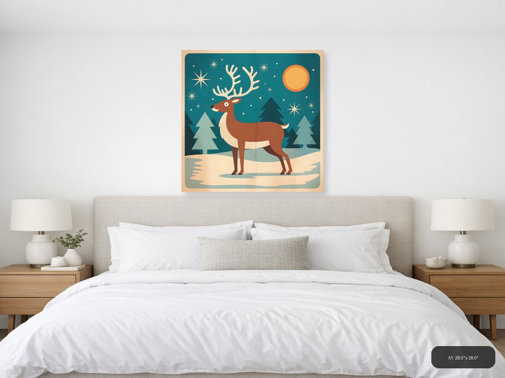 Vintage Reindeer Winter Night Sky Wall Art — A1 / Bedroom