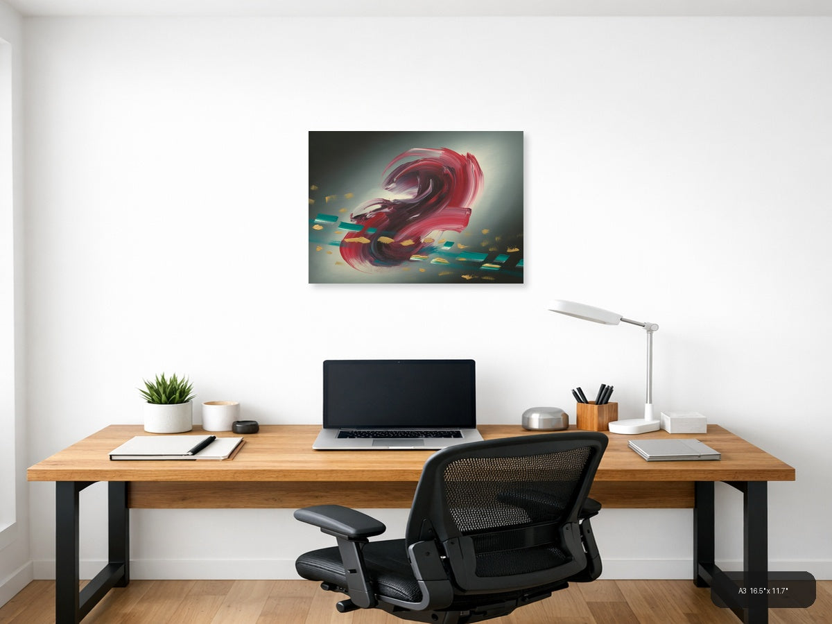 Red Abstract Swirl with Gold Accents Modern Wall Art — A3 / Office