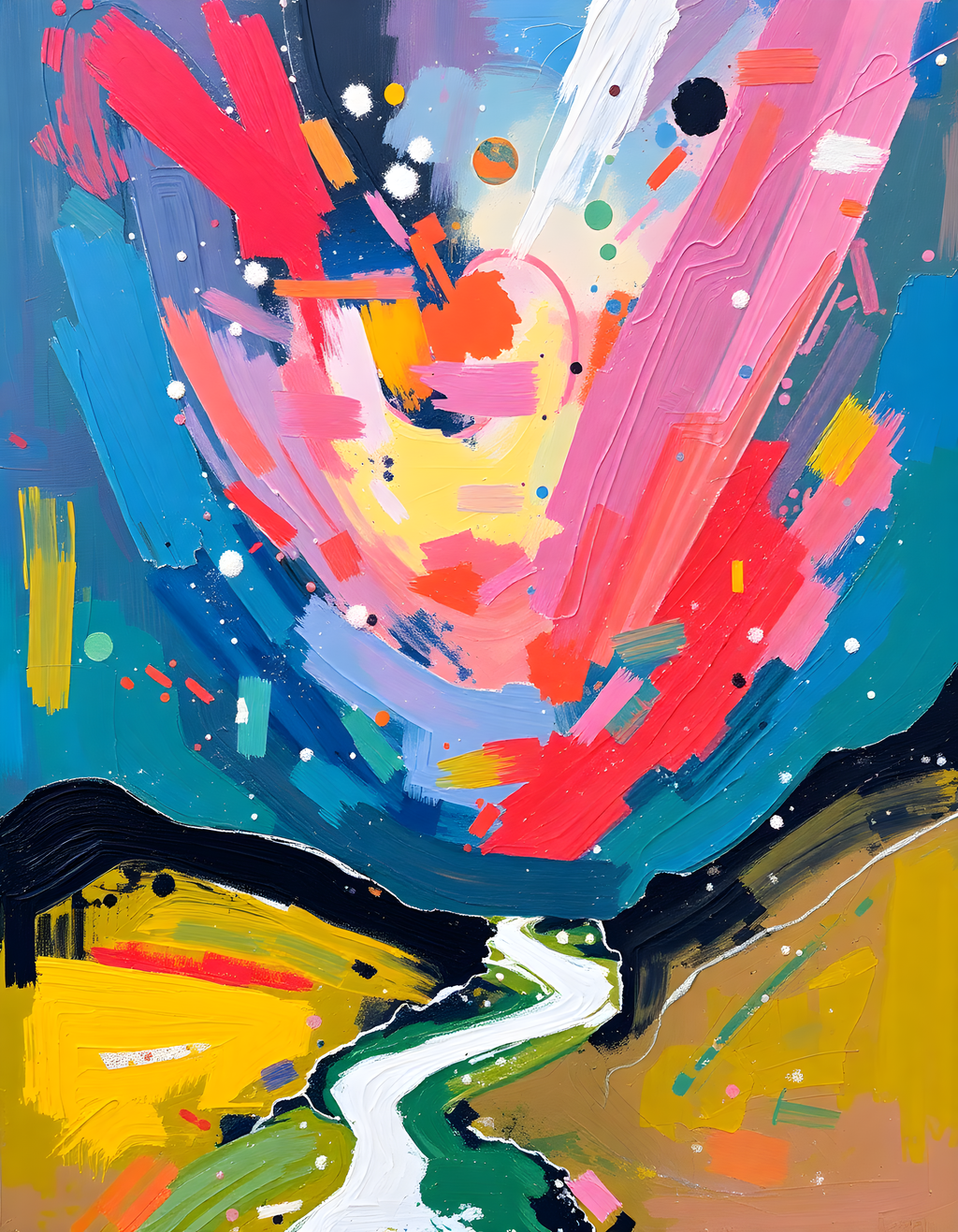 Vibrant Abstract Landscape with River - Colorful Wall Art