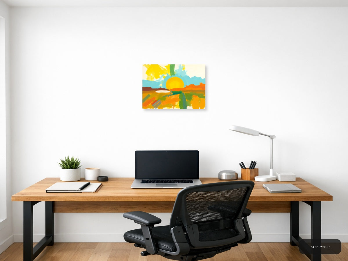 Abstract Sunset Landscape with Yellow Sun Wall Art — A4 / Office