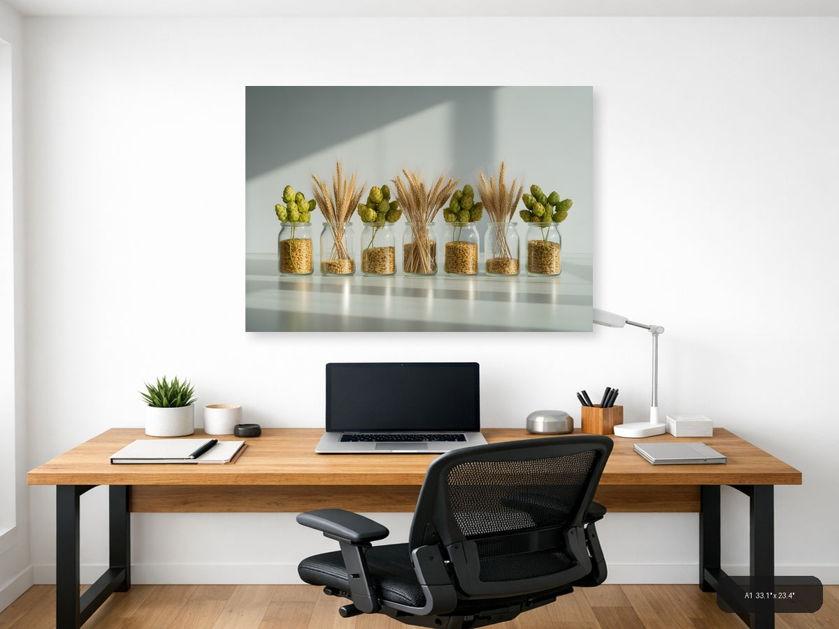 Minimalist Wheat & Hops Jars Still Life Wall Art — A1 / Office