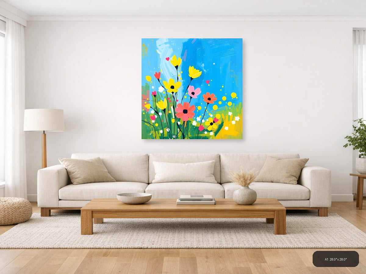 Colorful Abstract Wildflower Garden Blue Sky Wall Art — A1 / Living Room