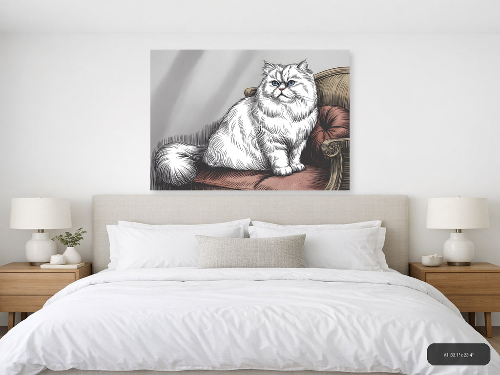 White Fluffy Cat with Blue Eyes Line Art Wall Art — A1 / Bedroom