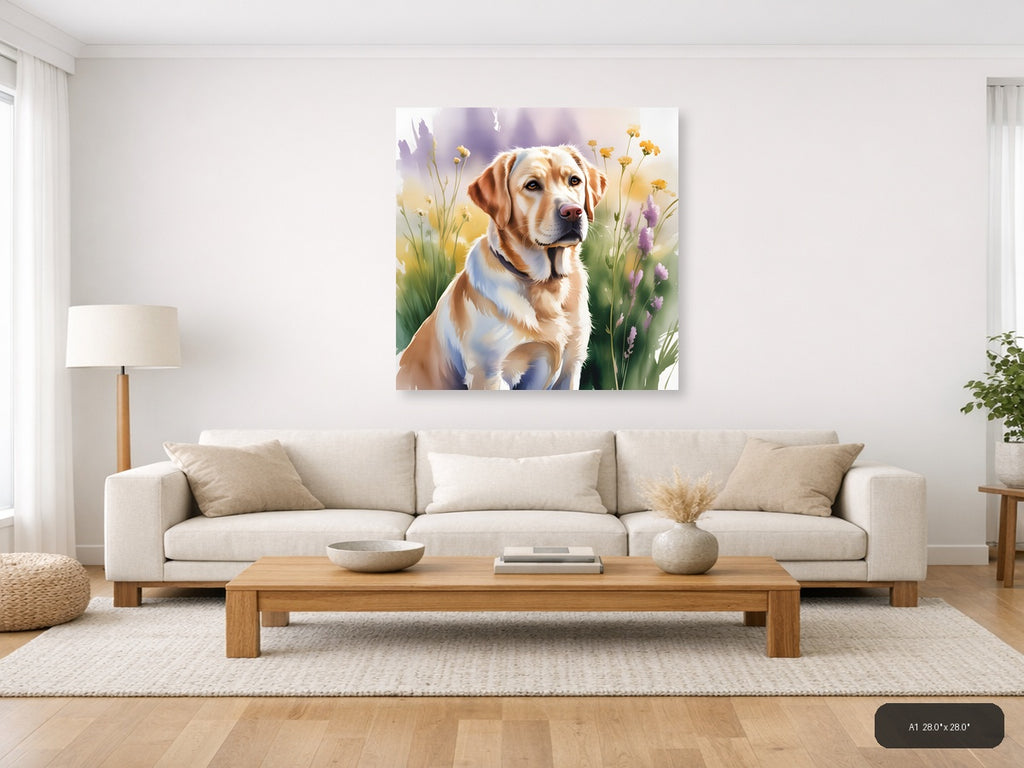 Brown and White Dog with Wildflowers Watercolor Wall Art — A1 / Living Room