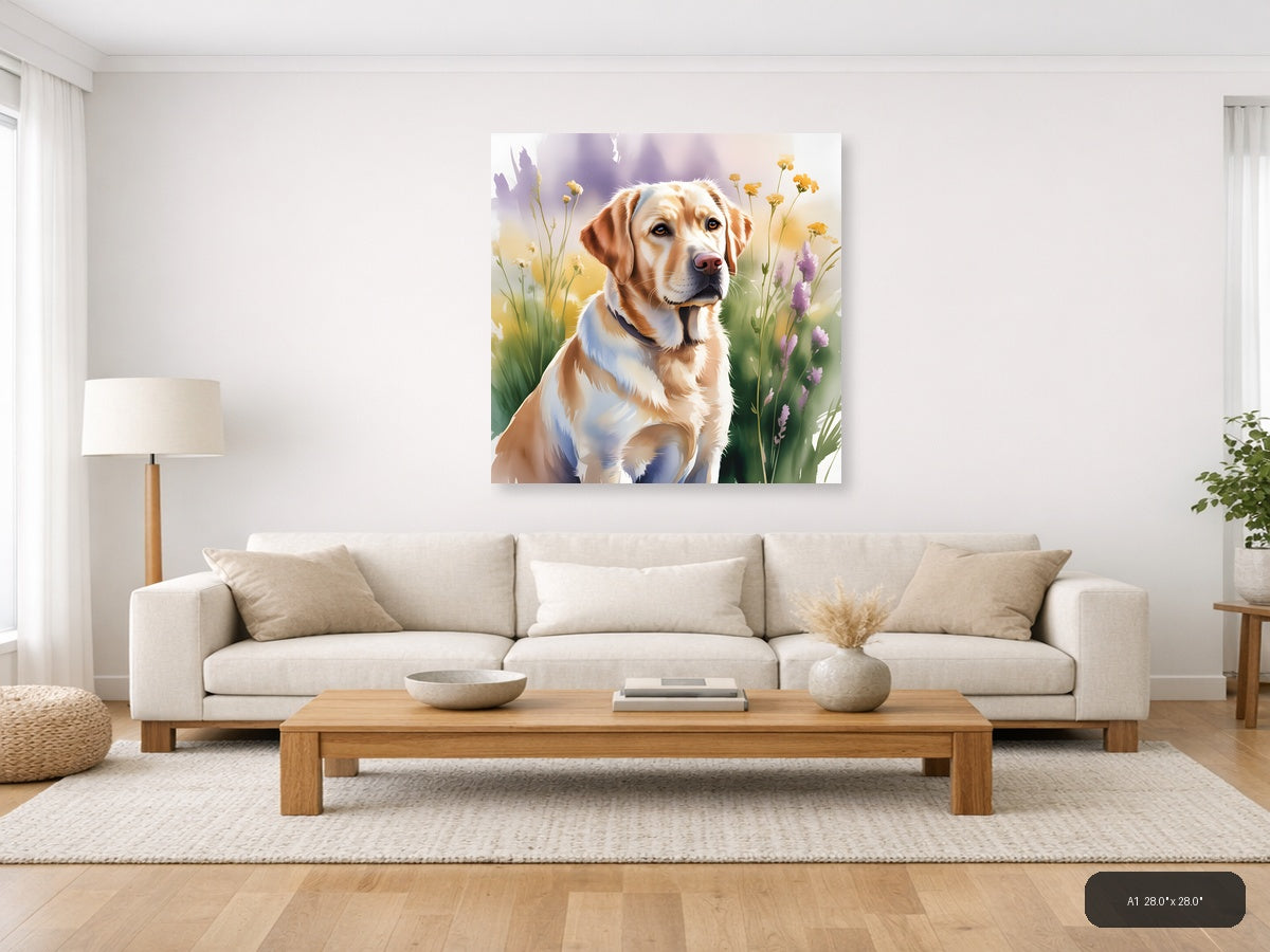 Brown and White Dog with Wildflowers Watercolor Wall Art — A1 / Living Room