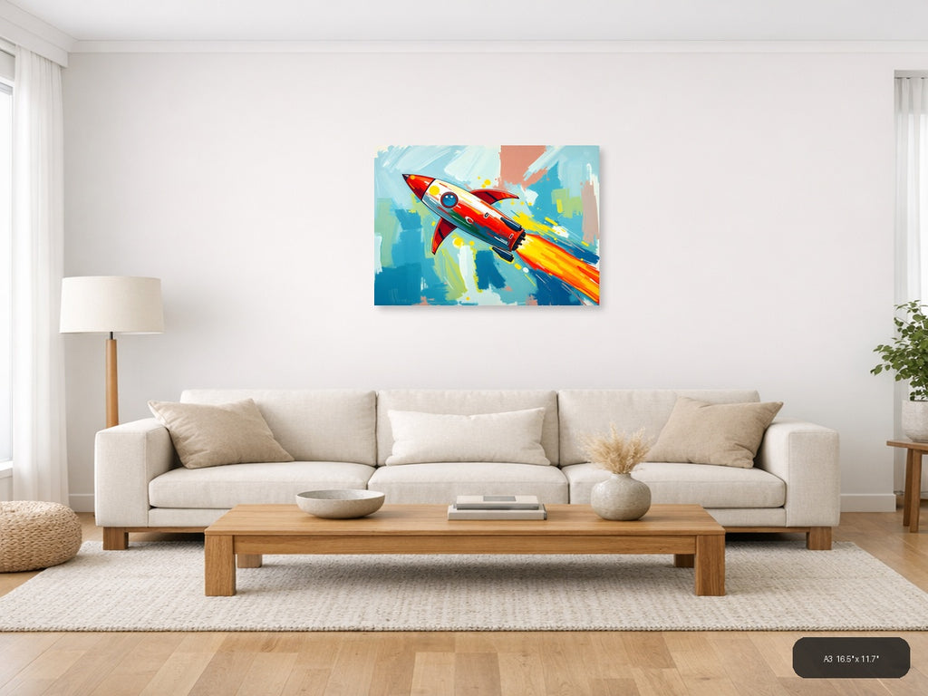 Retro Rocket Launch Abstract Illustration Wall Art — A3 / Living Room