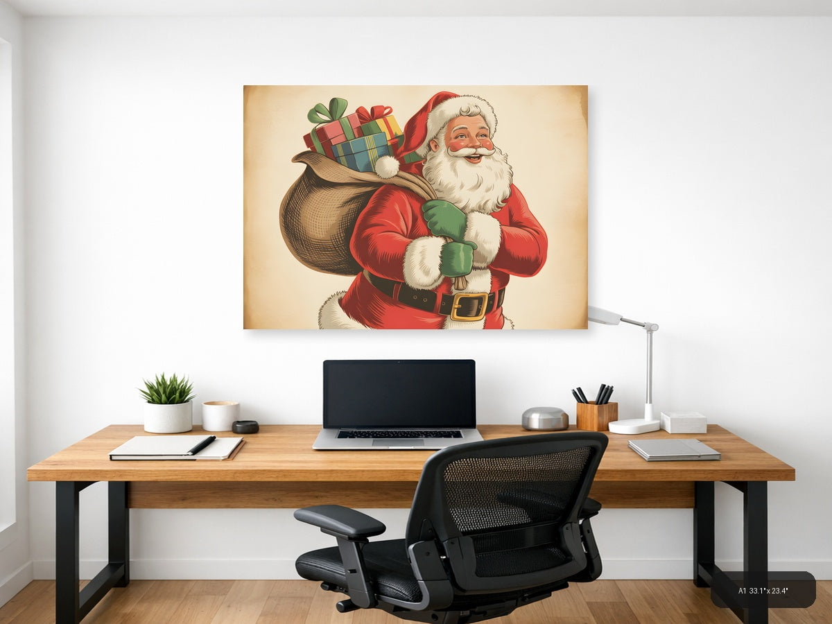 Vintage Santa Claus with Gifts Illustration Wall Art — A1 / Office