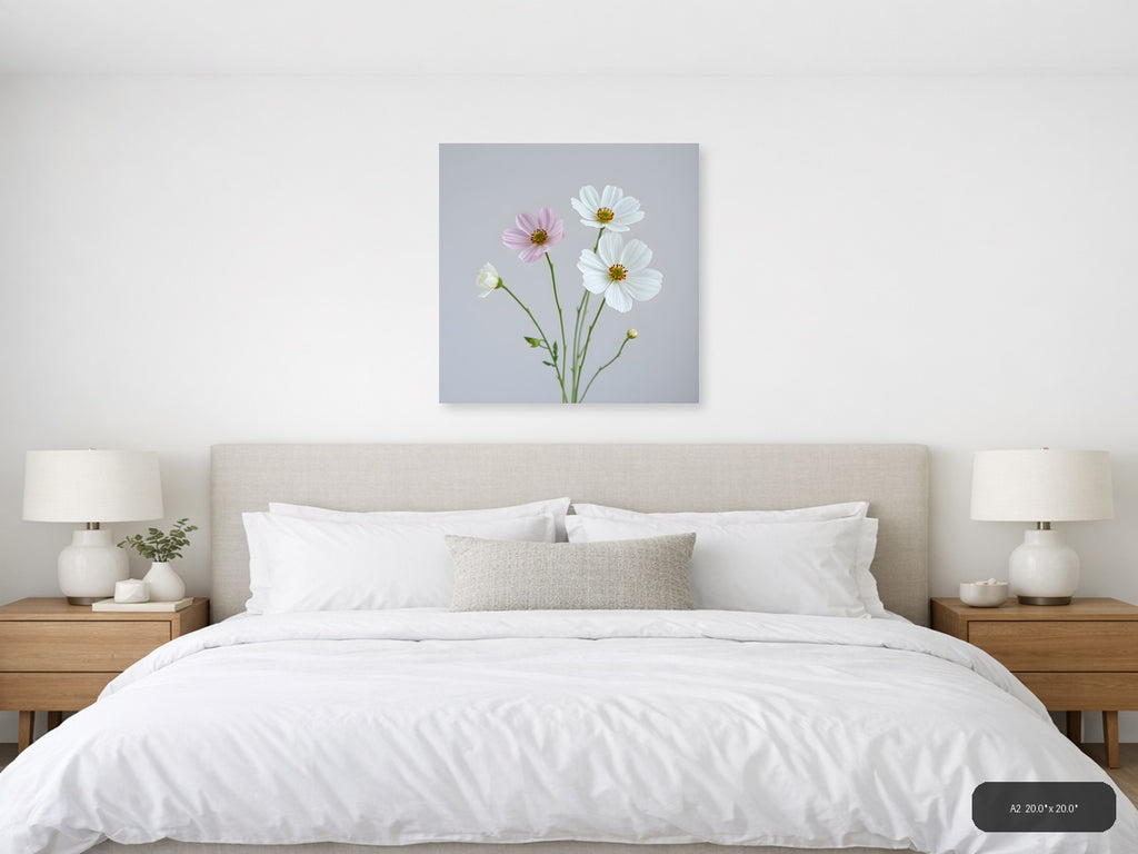 Minimalist Cosmos Flowers Pink White Wall Art — A2 / Bedroom