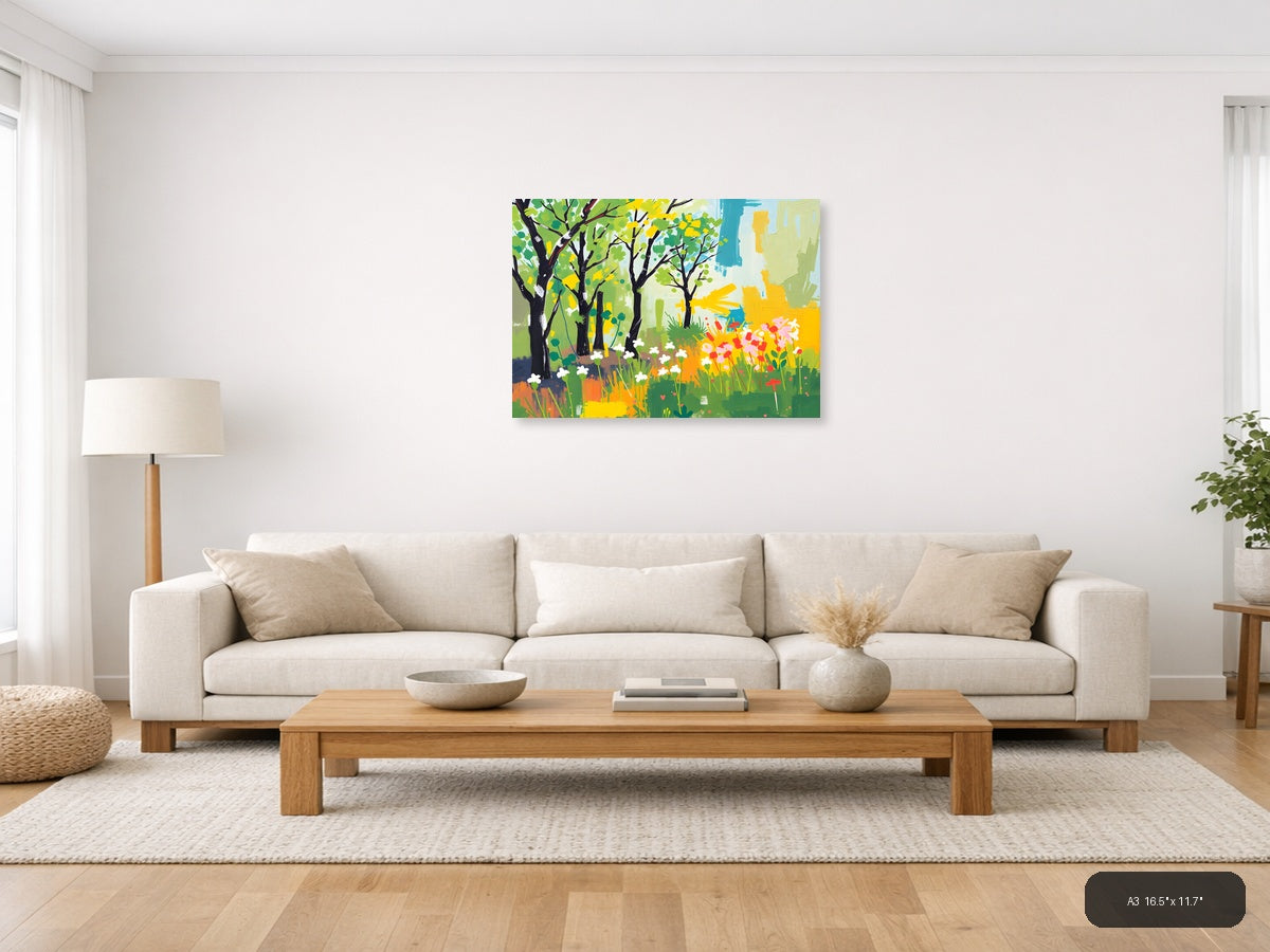 Spring Garden with Black Trees Abstract Wall Art — A3 / Living Room