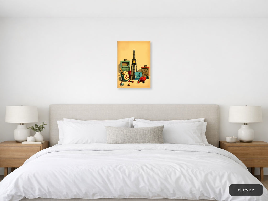 Vintage Toys & Clock Tower Retro Illustration Wall Art — A3 / Bedroom