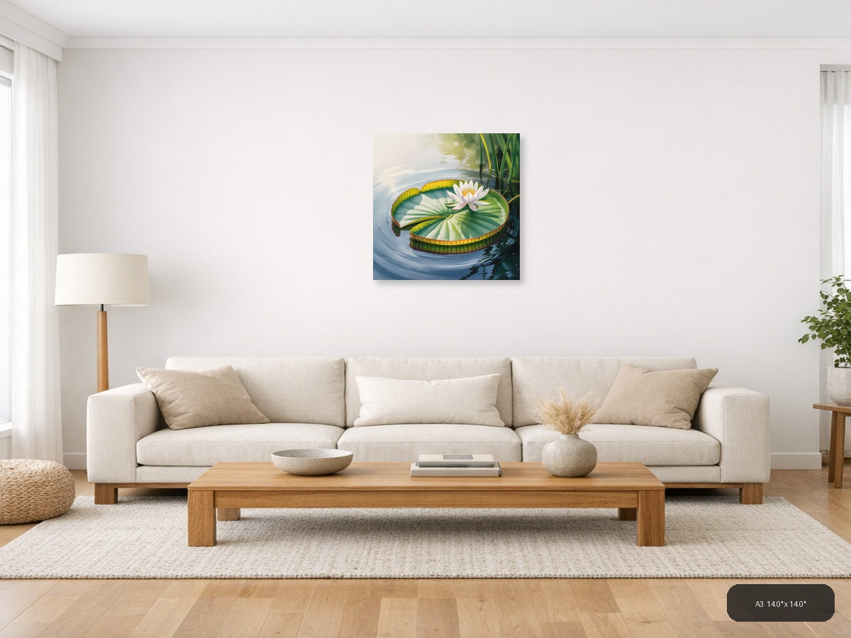 White Water Lily on Giant Leaf Watercolor Wall Art — A3 / Living Room