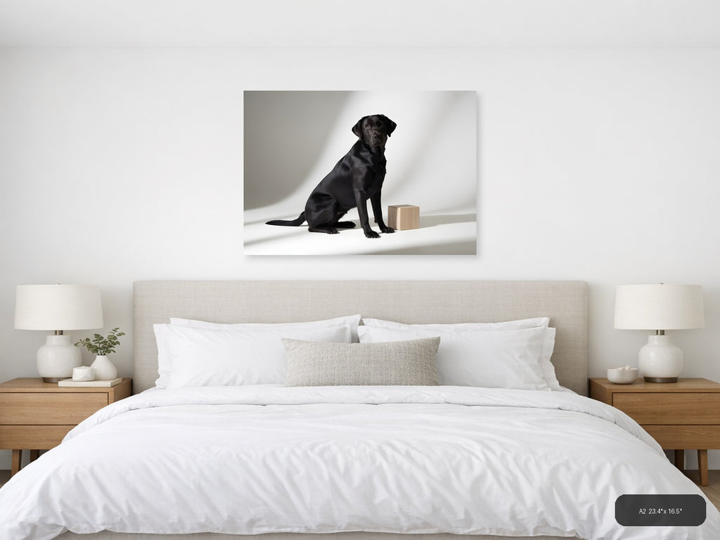 Black Labrador with Wooden Block Minimalist Wall Art — A2 / Bedroom