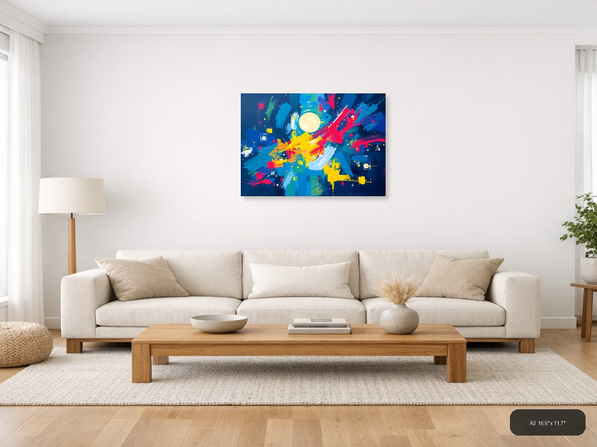Abstract Cosmic Explosion with Moon & Burst Colors Wall Art — A3 / Living Room