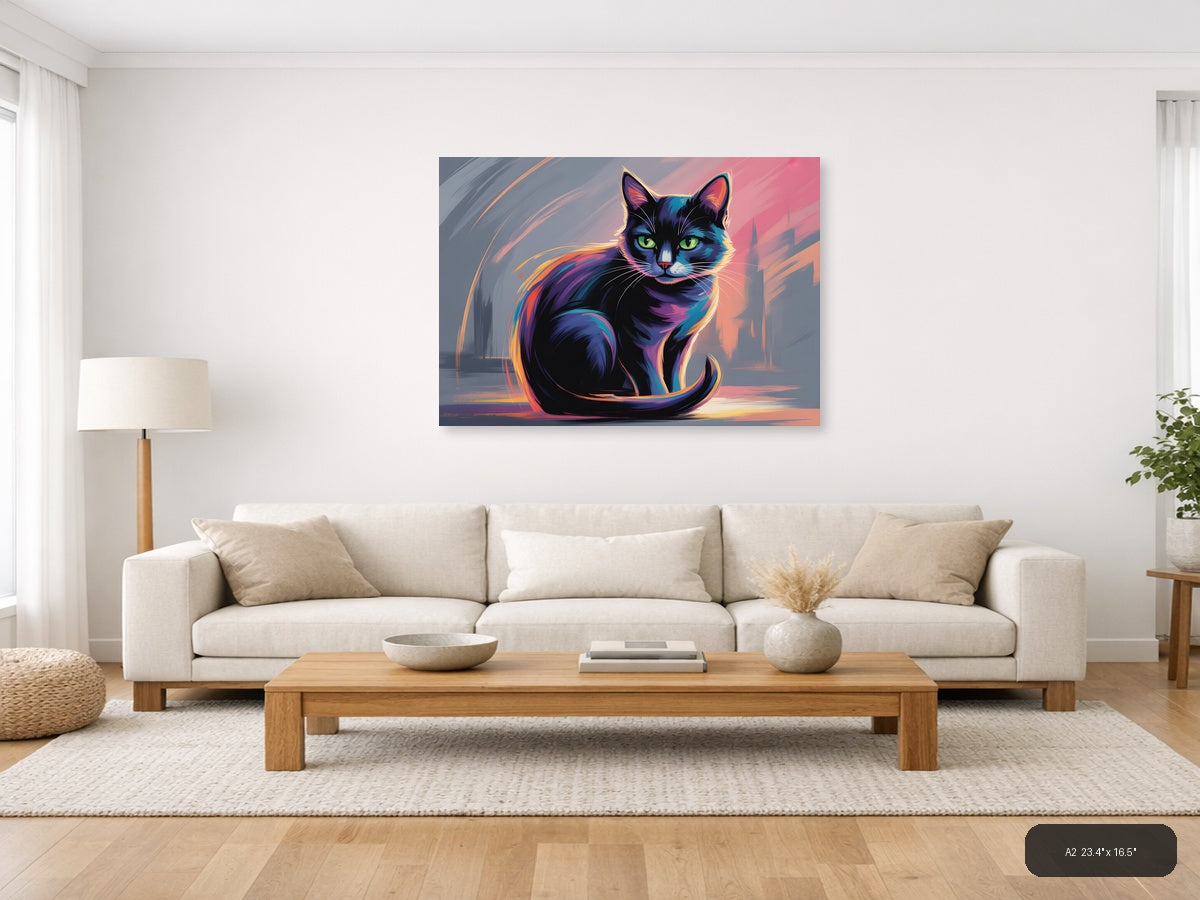 Neon Cat Abstract Glow Modern Wall Art — A2 / Living Room