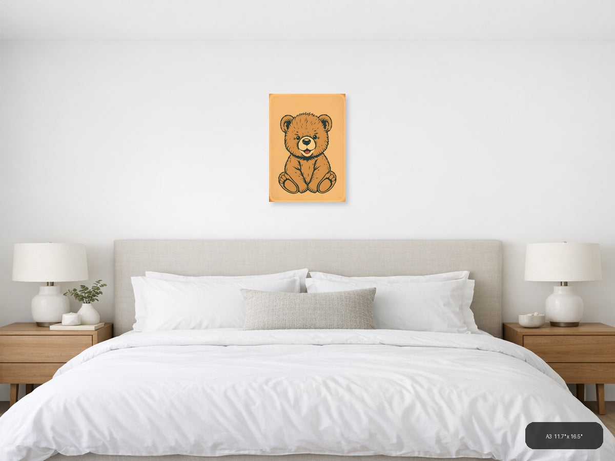 Cute Brown Teddy Bear Vintage Portrait Wall Art — A3 / Bedroom