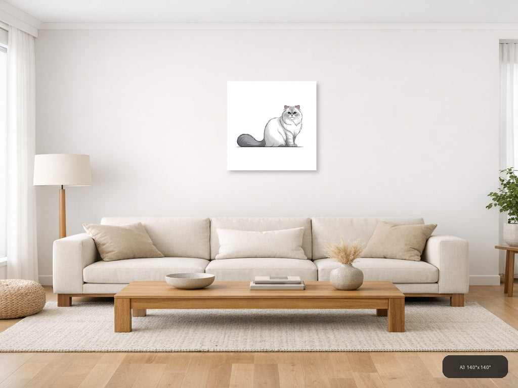 Gray and White Persian Cat Portrait Minimalist Wall Art — A3 / Living Room