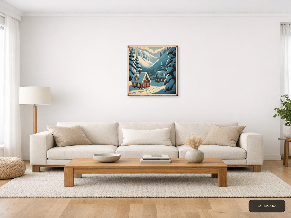 Vintage Gingerbread House Winter Mountain Scene Wall Art — A3 / Living Room