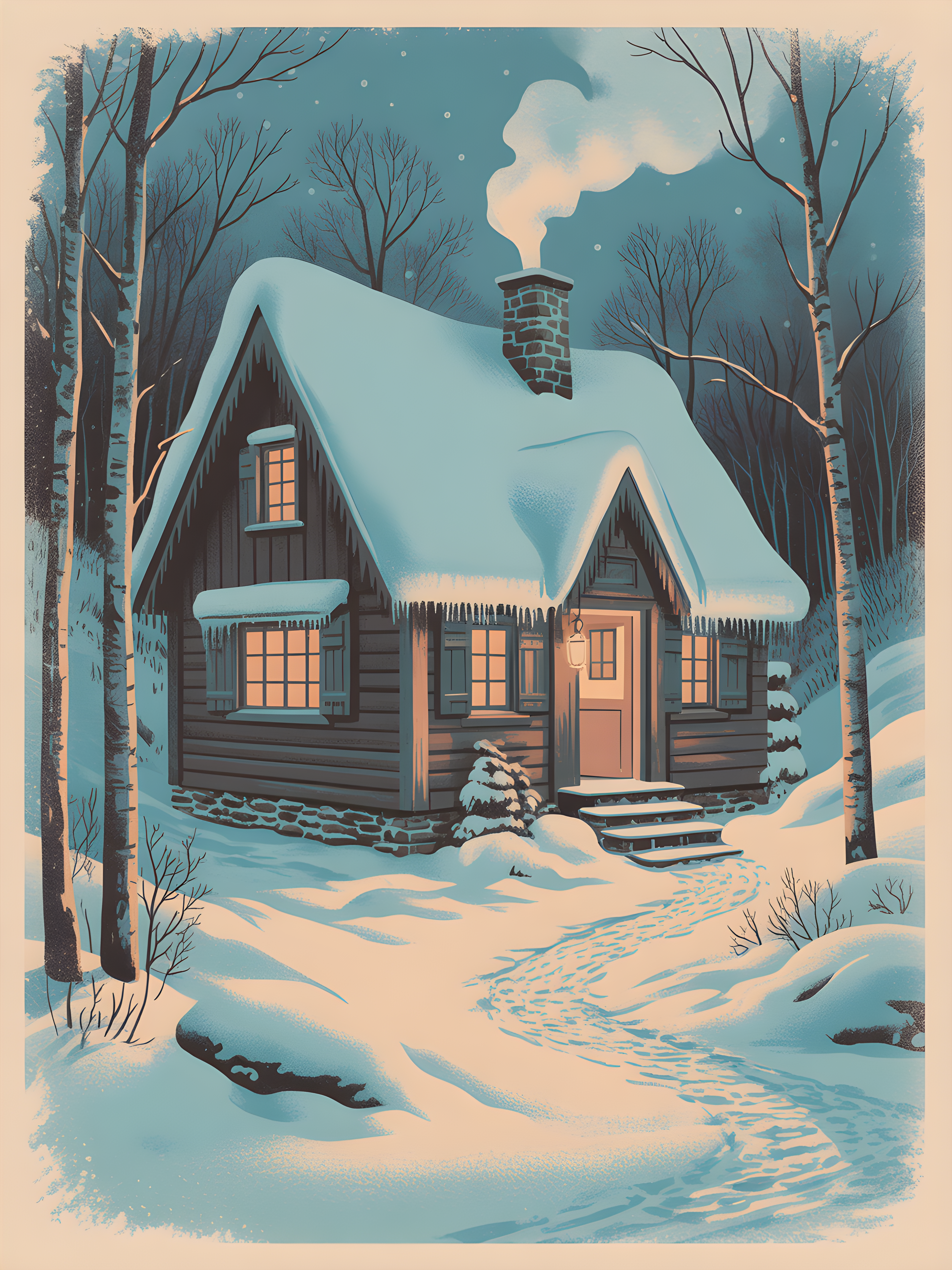 Cozy Winter Cabin in Snow Forest - Vintage Wall Art