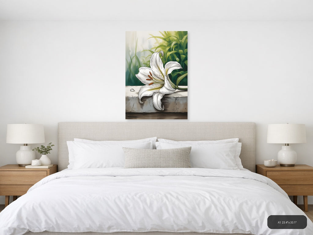 White Lily Line Art Botanical Drawing Wall Art — A1 / Bedroom