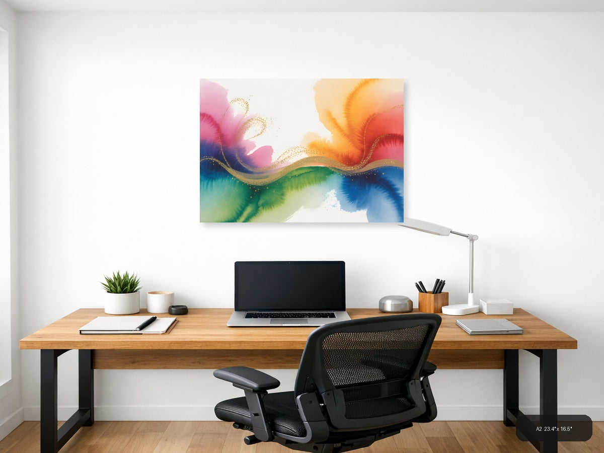 Colorful Watercolor Wave with Gold Accents Wall Art — A2 / Office