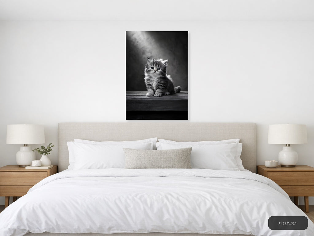 Fluffy Kitten Portrait Black and White Photography Wall Art — A1 / Bedroom