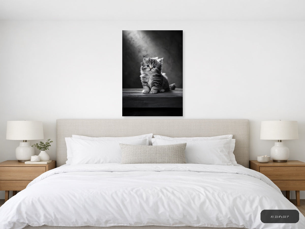 Fluffy Kitten Portrait Black and White Photography Wall Art — A1 / Bedroom