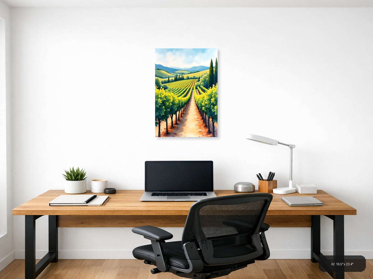 Tuscan Vineyard Landscape Watercolor Wall Art — A2 / Office