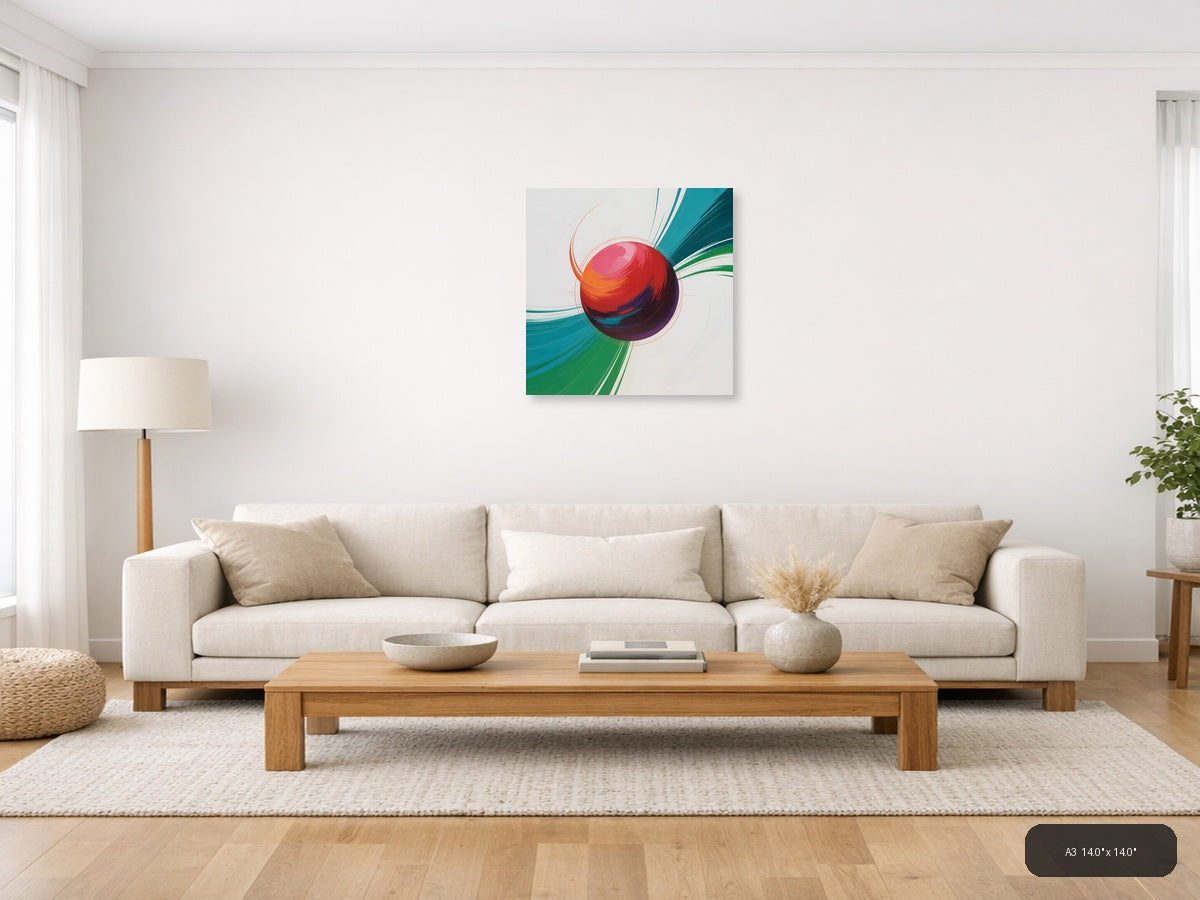 Red Sphere with Teal & Green Wave Abstract Wall Art — A3 / Living Room