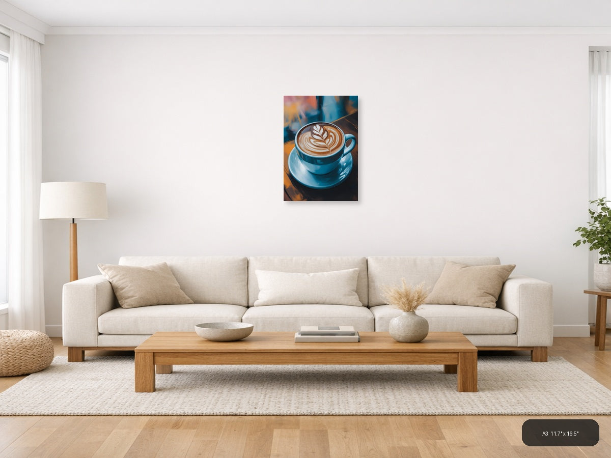 Latte Art Coffee Cup Abstract Blue Wall Art — A3 / Living Room