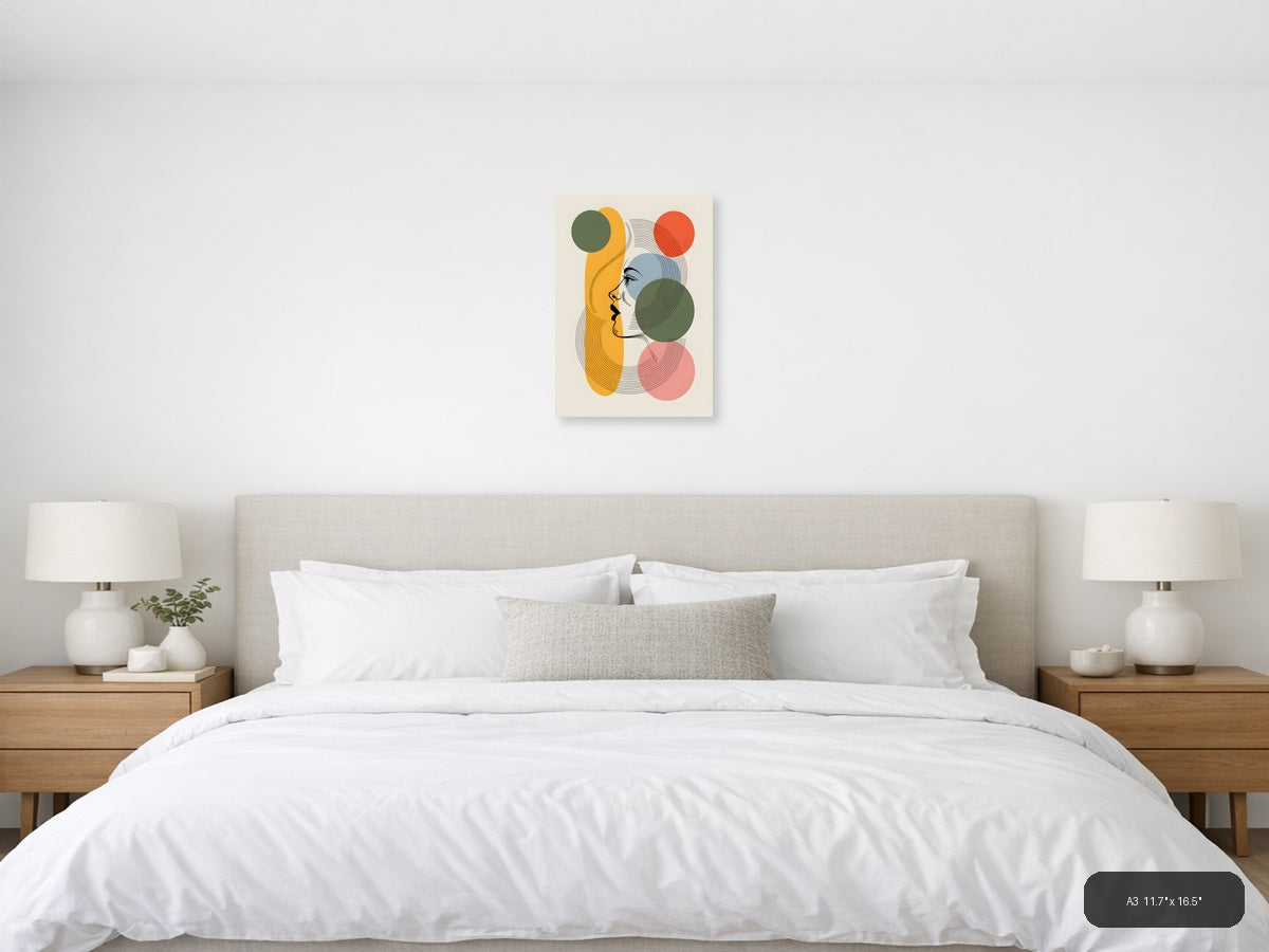 Abstract Line Art Portrait with Geometric Circles Wall Art — A3 / Bedroom