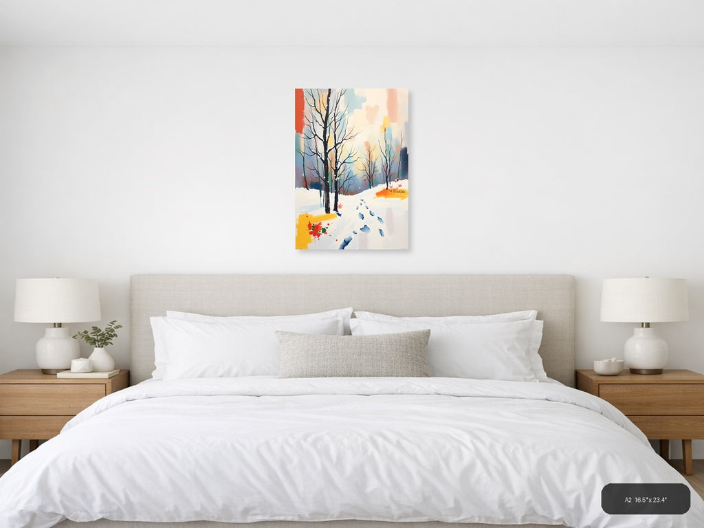 Winter Landscape Abstract Trees Footprints Wall Art — A2 / Bedroom