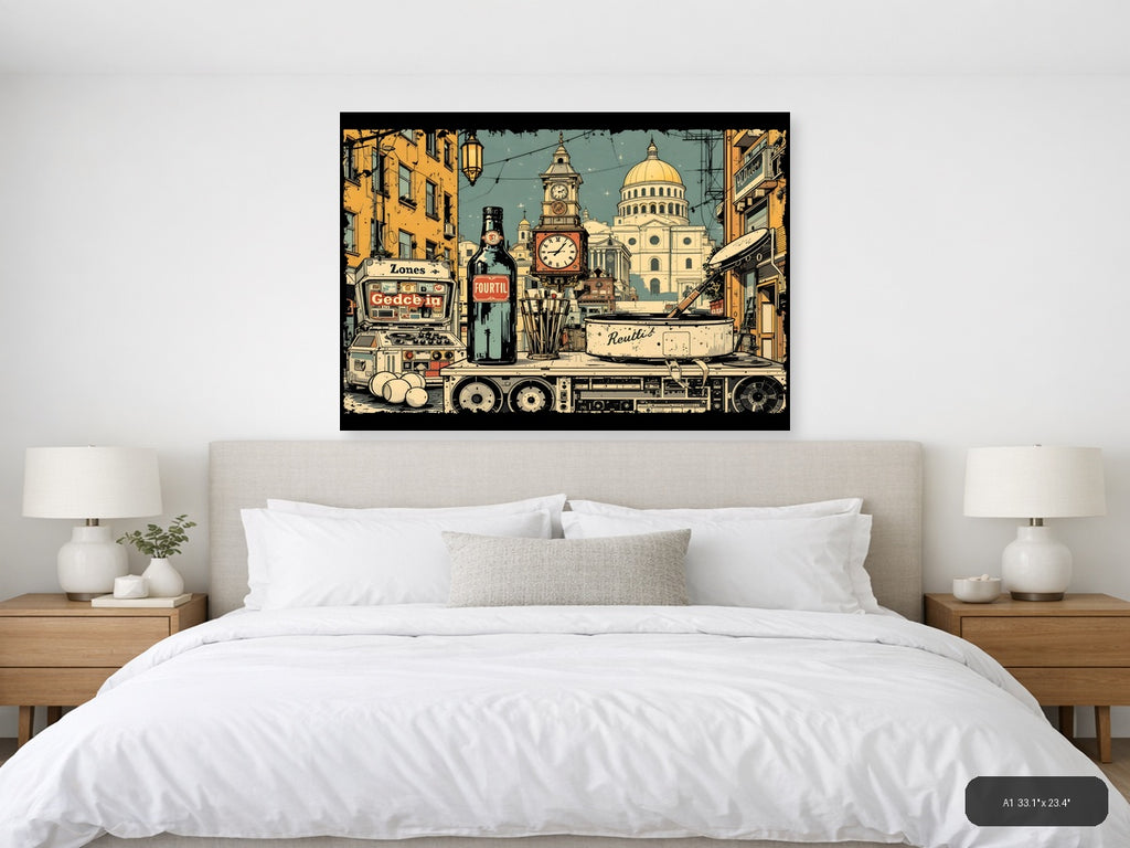 Vintage City Street Scene with Capitol Dome Wall Art — A1 / Bedroom