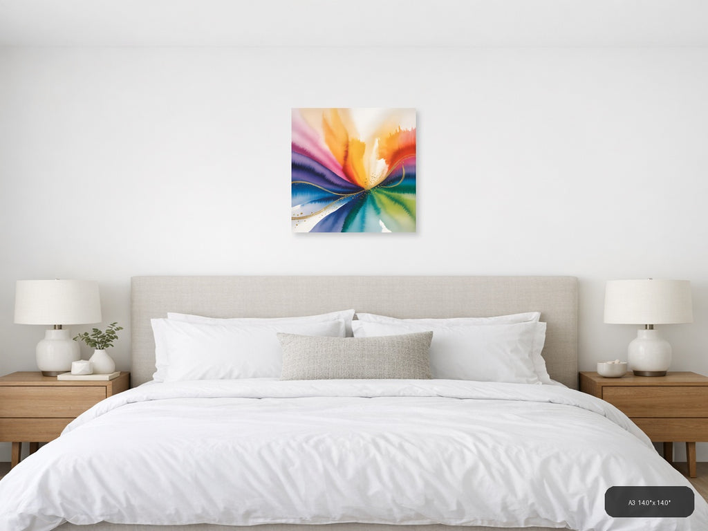 Rainbow Watercolor Wave with Gold Accents Wall Art — A3 / Bedroom