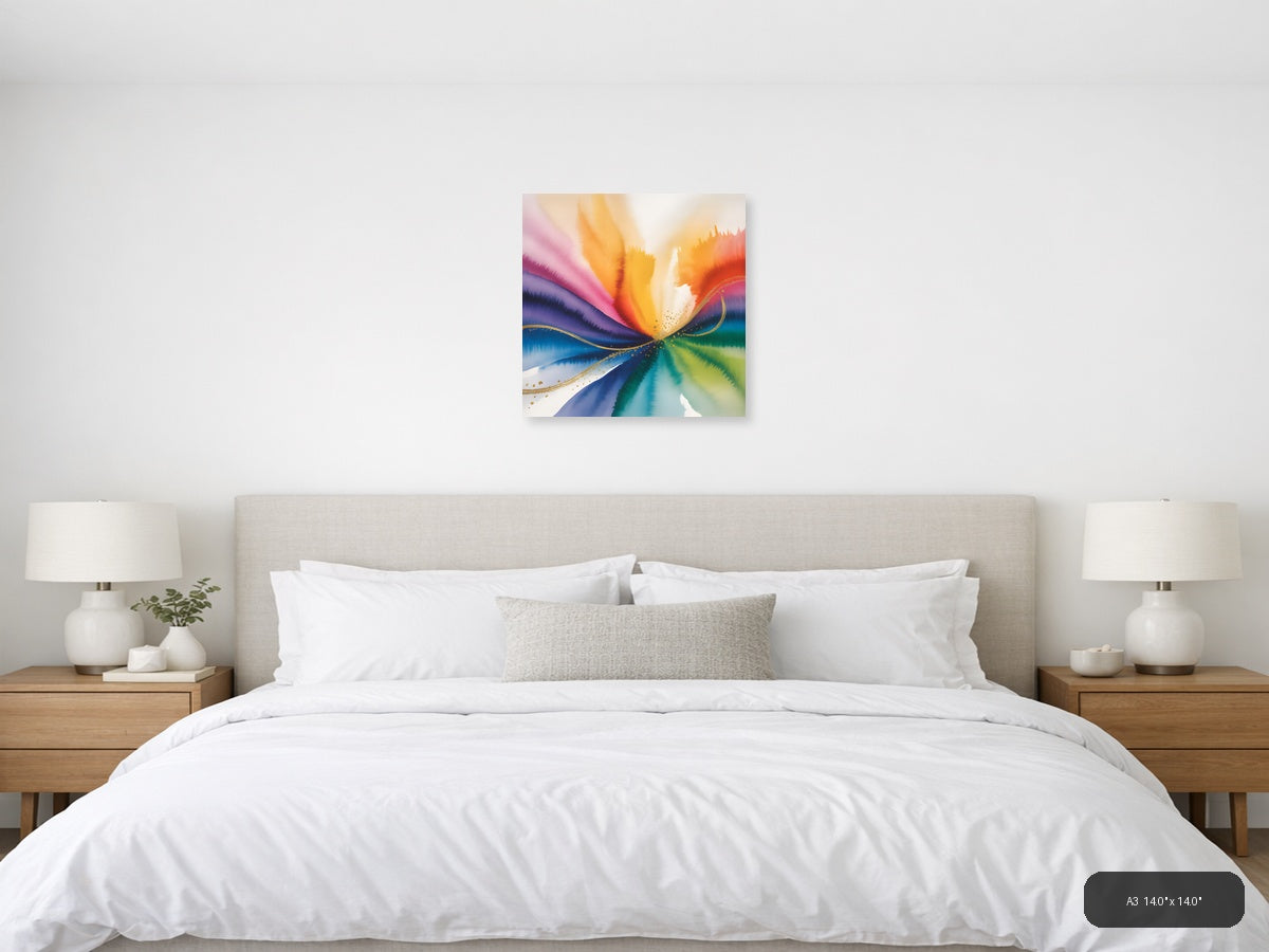 Rainbow Watercolor Wave with Gold Accents Wall Art — A3 / Bedroom